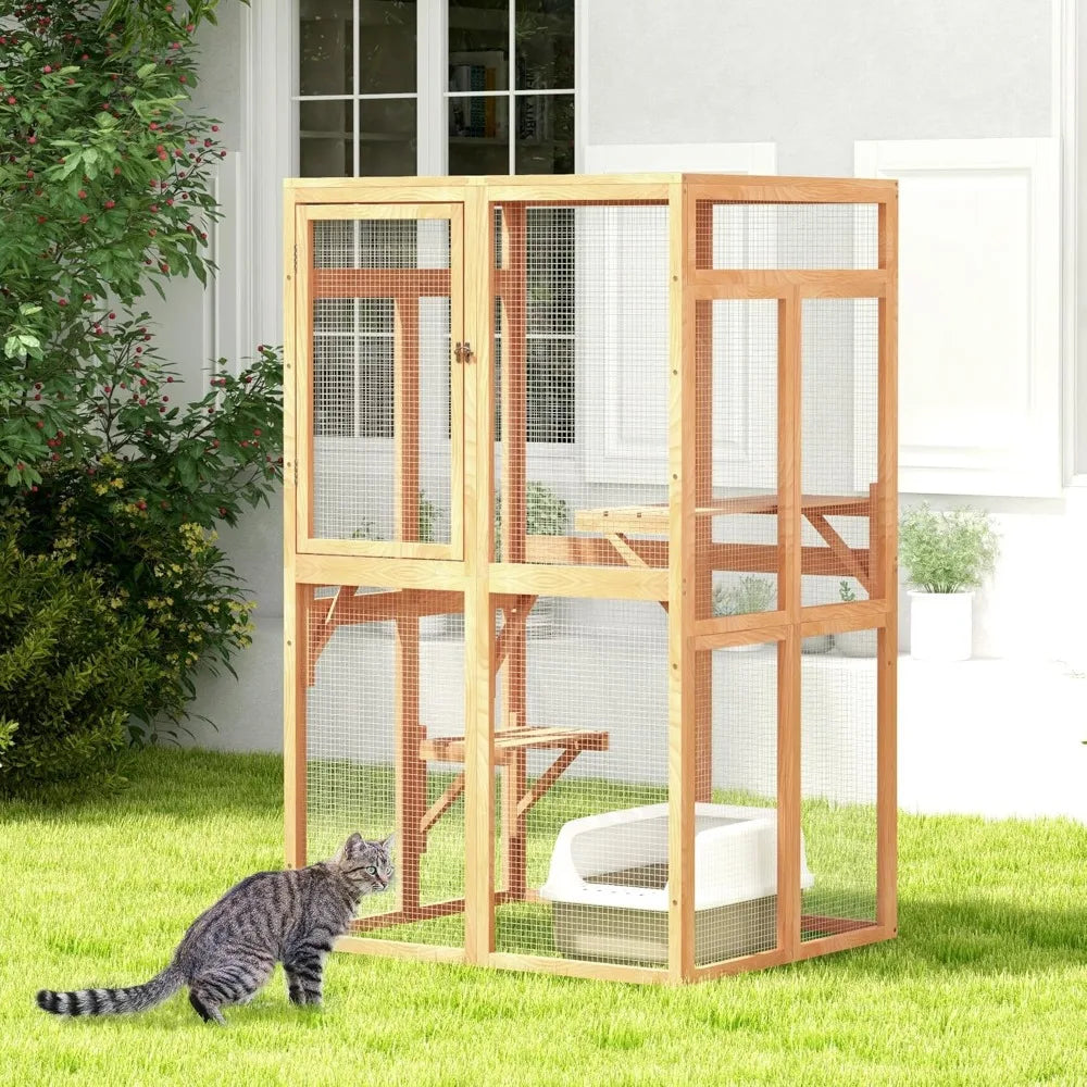 Wooden Outdoor Cat Enclosure with Window Access, Patio Shelter, and Hammock for Indoor Use