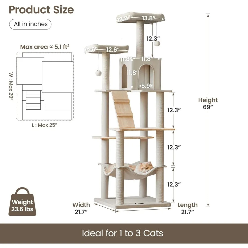Large Modern Cat Tree, 70.1-Inch Wood Cat Tower for Indoor Cats, Multi-Level Tall Cat Condo with 2 Padded Perches, Hammock