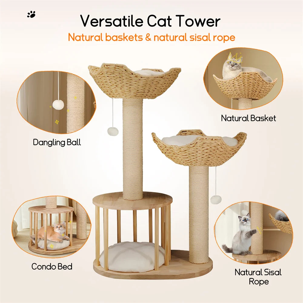 3-Tier Cat Tree Padded Plush Napping Perches Kitten Condo Sisal Rope Scratching Posts and Hanging Toy Tower for Indoor Kitties