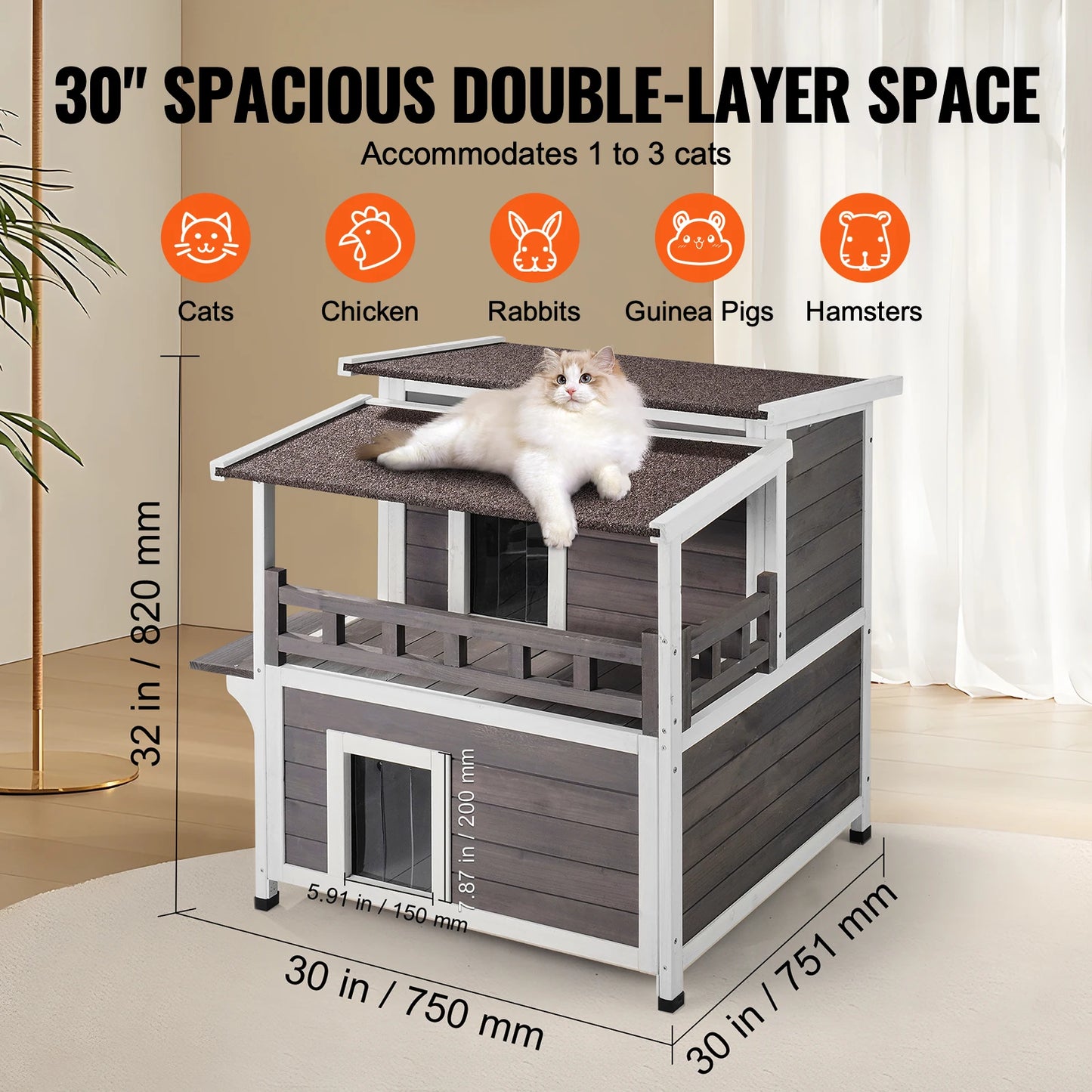 SucceBuy Outdoor Cat House Weatherproof Feral Cat Shelter 2-story Large Outdoor Wooden Cat House with Balcony Door and Open Roof