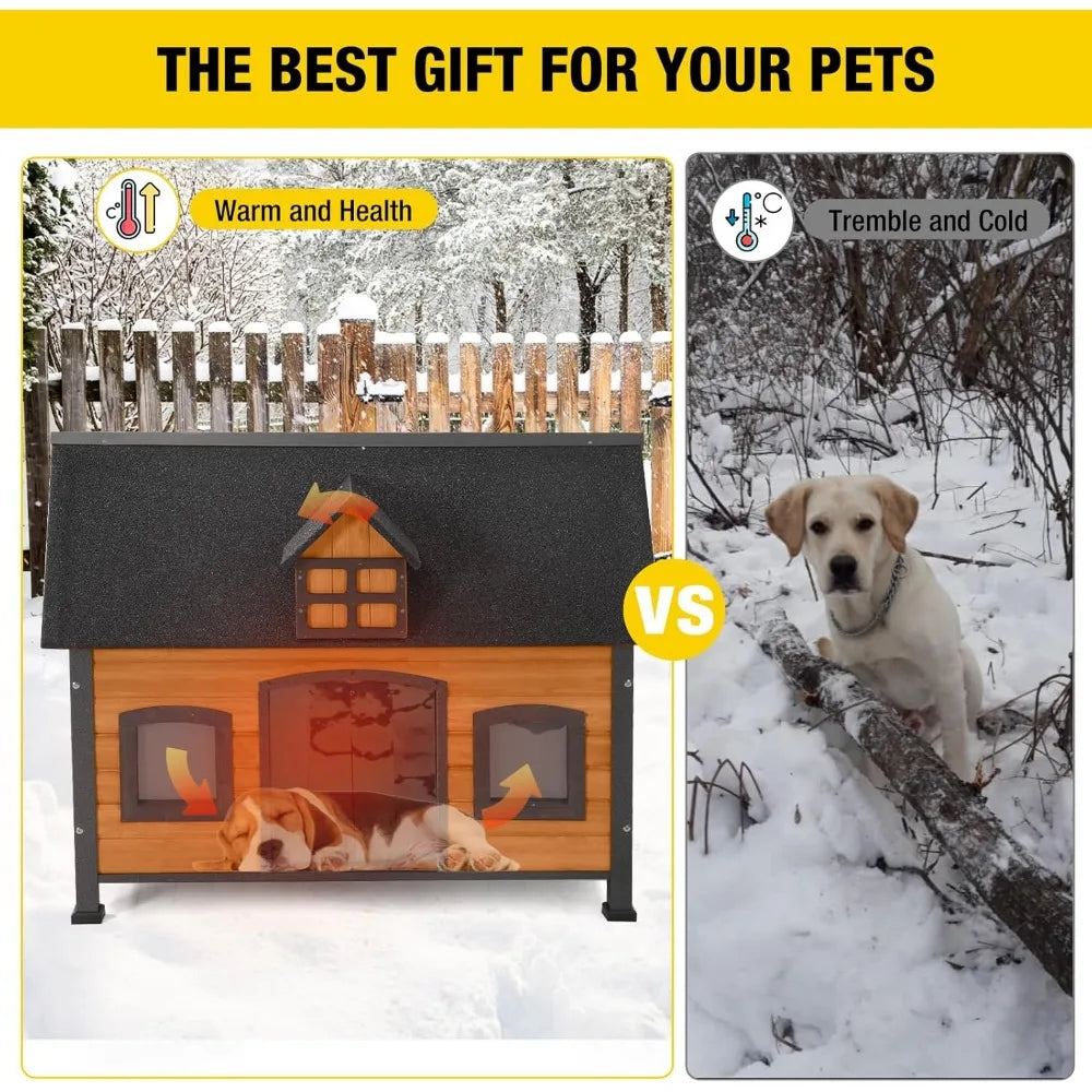 Dog House with Insulated Liner Anti-Chewing Metal Frame Design Insulated Wooden Dog Kennel with Unique Design Roof, Weatherproo