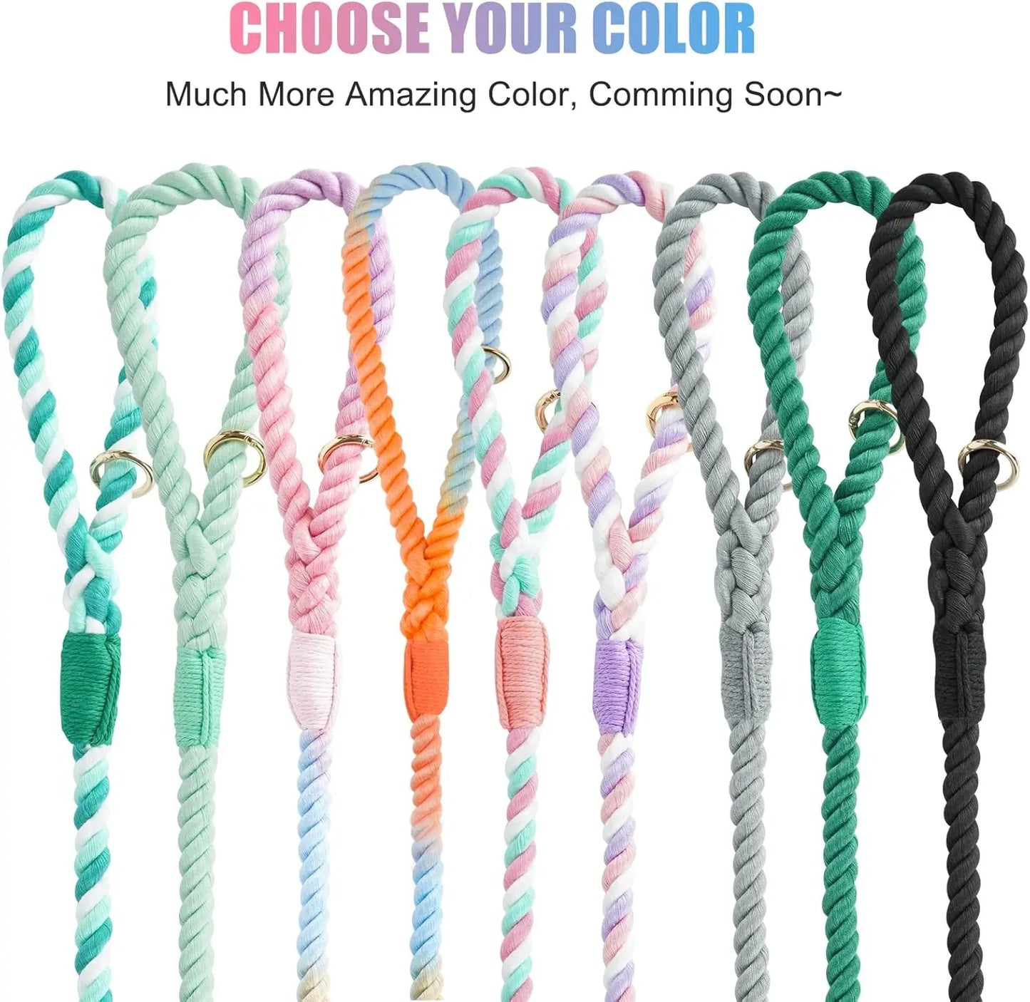 5FT Braided Cotton Dog Leash, Heavy Duty Clasp, Colorful Macaron, All Dog Sizes