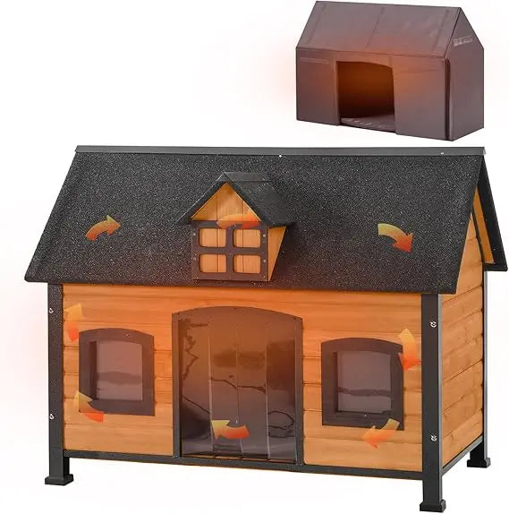 Dog House with Insulated Liner Anti-Chewing Metal Frame Design Insulated Wooden Dog Kennel with Unique Design Roof, Weatherproo