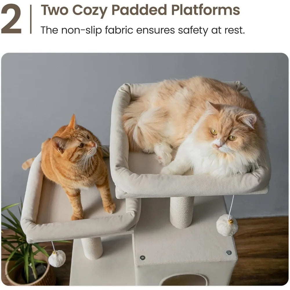 Large Modern Cat Tree, 70.1-Inch Wood Cat Tower for Indoor Cats, Multi-Level Tall Cat Condo with 2 Padded Perches, Hammock