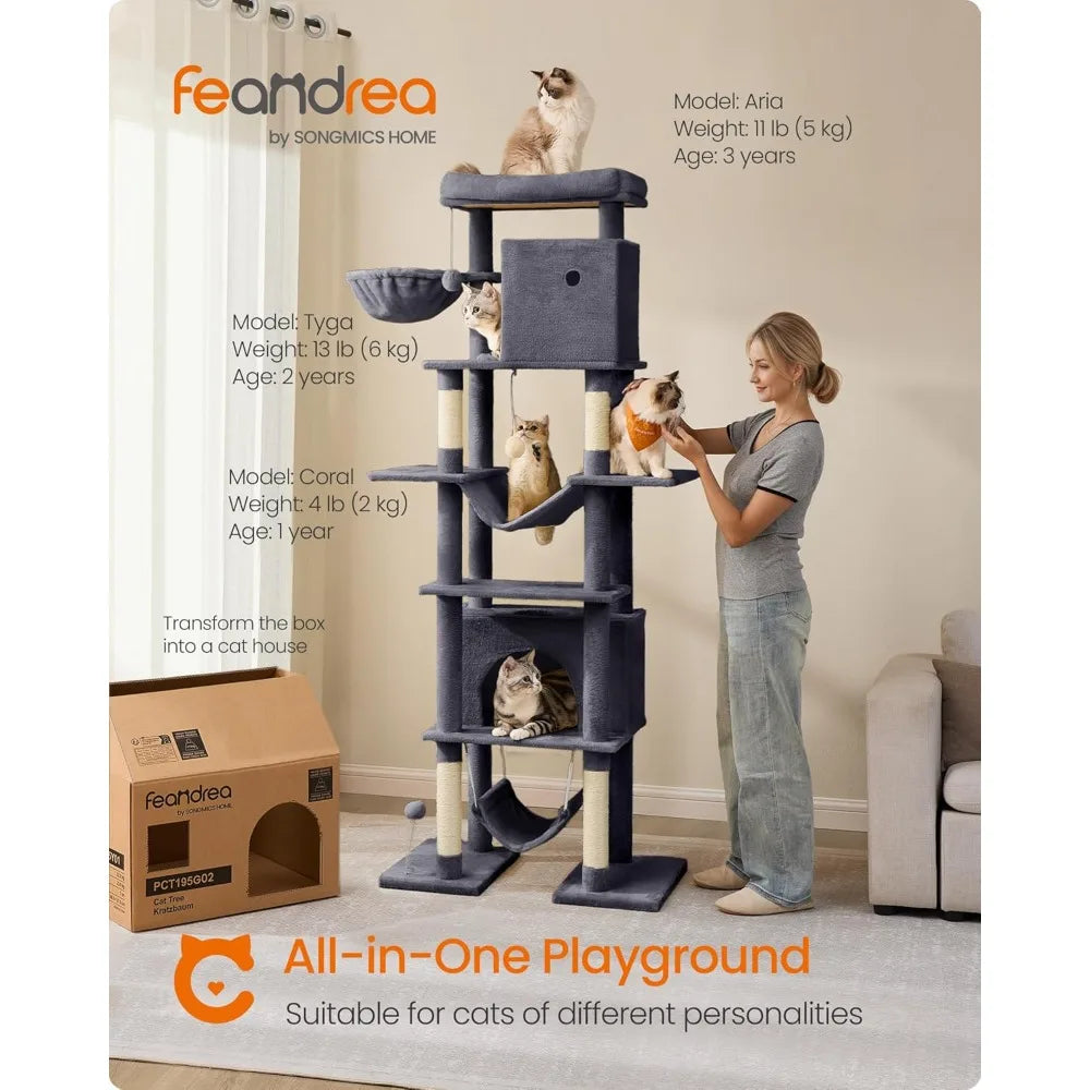 Cat Tree, 79.1 Inch Tall Cat Tower for Indoor Cats,   with 4 Scratching Posts, 2 Hammocks, a Perch, 2 Cat Caves, Dark Gray
