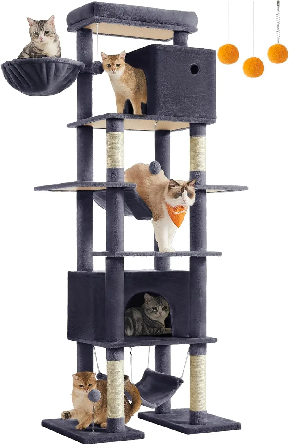 Cat Tree, 79.1 Inch Tall Cat Tower for Indoor Cats,   with 4 Scratching Posts, 2 Hammocks, a Perch, 2 Cat Caves, Dark Gray
