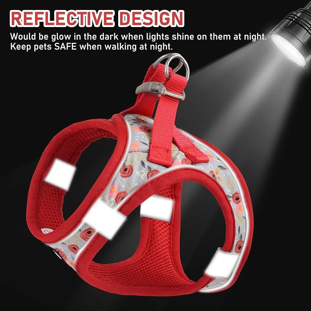 Adjustable Small Dog Harness Collar Leash Set No Pull Soft Mesh Step In Reflective Vest with ID Tag