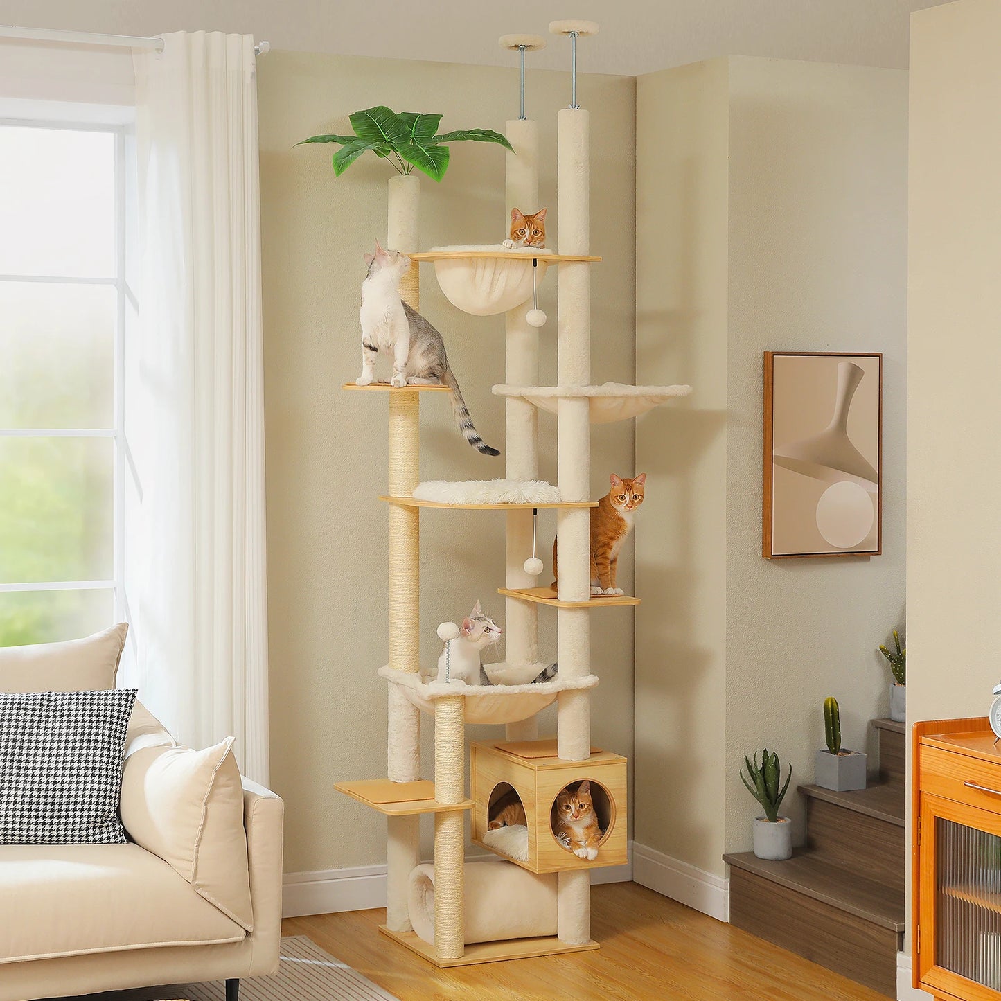 Height Adjustable Wooden Cat Tree with Large Hammock Sisal Scratching Posts Floor to Ceiling Cat Tower Cozy Cat Condo for Indoor