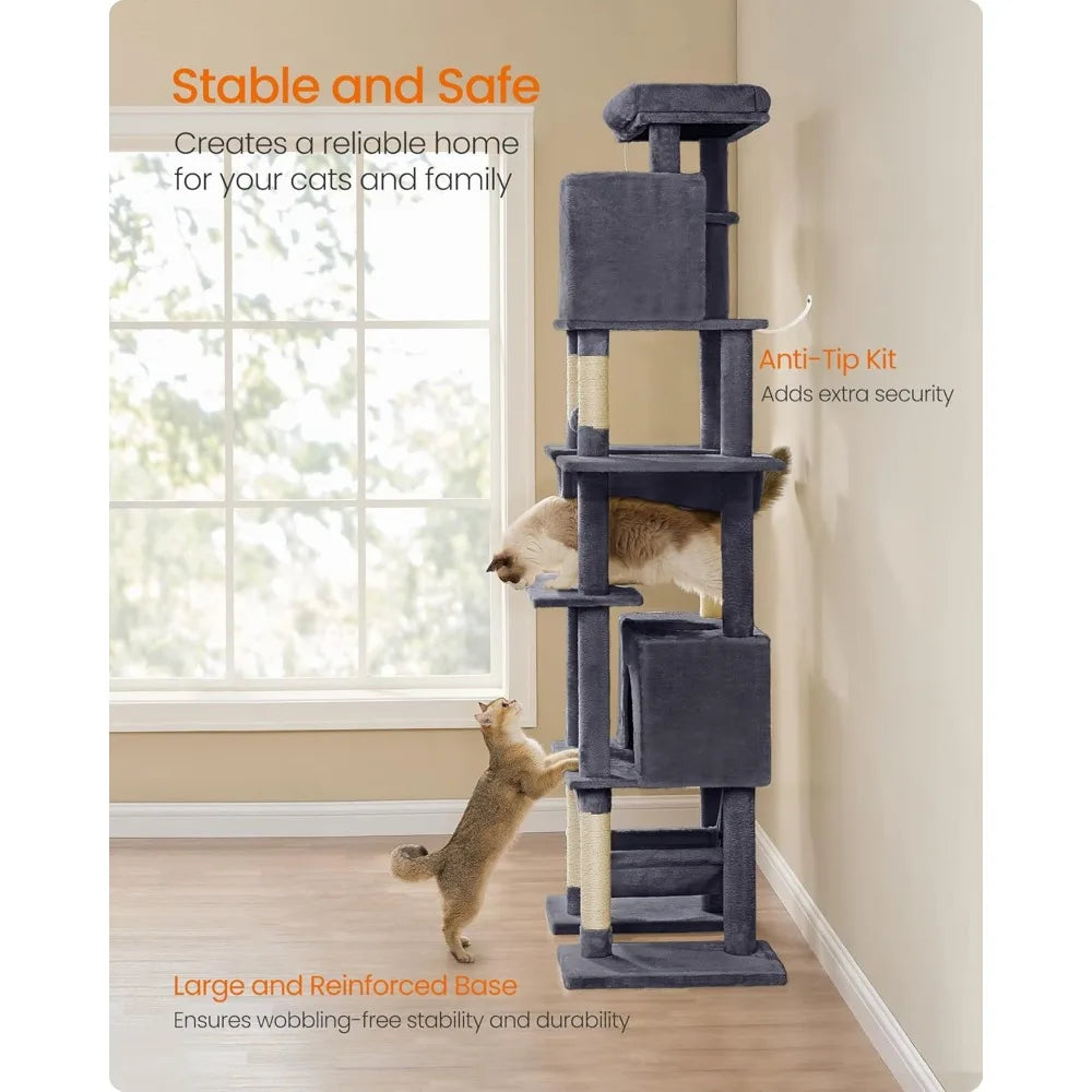 Cat Tree, 79.1 Inch Tall Cat Tower for Indoor Cats,   with 4 Scratching Posts, 2 Hammocks, a Perch, 2 Cat Caves, Dark Gray