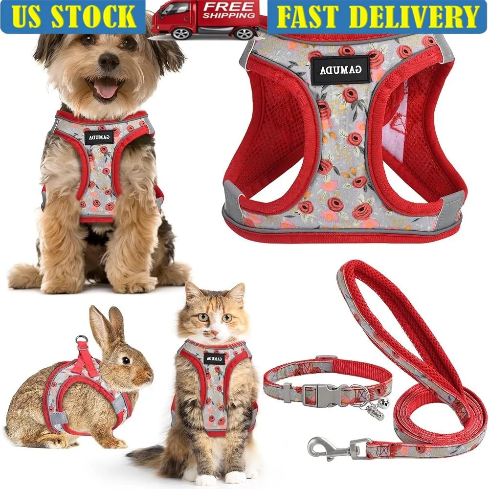 Adjustable Small Dog Harness Collar Leash Set No Pull Soft Mesh Step In Reflective Vest with ID Tag