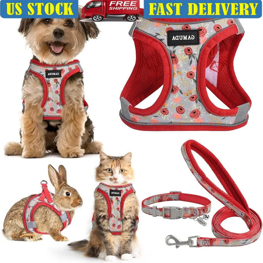 Adjustable Small Dog Harness Collar Leash Set No Pull Soft Mesh Step In Reflective Vest with ID Tag
