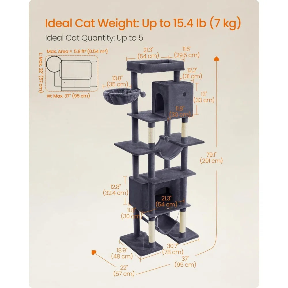 Cat Tree, 79.1 Inch Tall Cat Tower for Indoor Cats,   with 4 Scratching Posts, 2 Hammocks, a Perch, 2 Cat Caves, Dark Gray