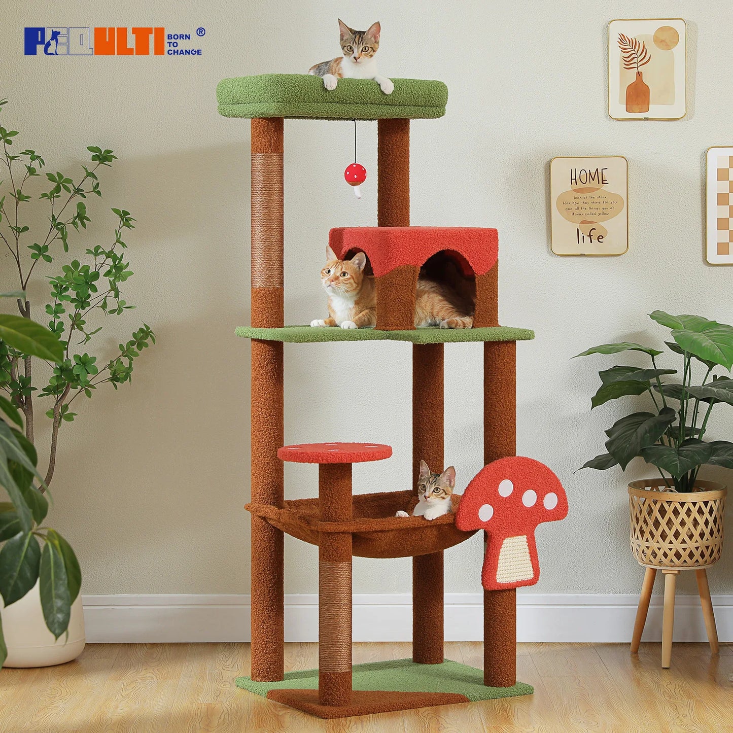 Brown Mushroom-Shaped Design Cat Tower Ceiling Height Cat Tree Tower Adjustable Cat Tree with Super Large Perch&Hammock,Cat Toy
