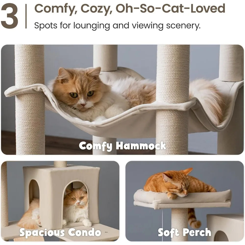 Large Modern Cat Tree, 70.1-Inch Wood Cat Tower for Indoor Cats, Multi-Level Tall Cat Condo with 2 Padded Perches, Hammock