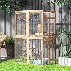 Wooden Outdoor Cat Enclosure with Window Access, Patio Shelter, and Hammock for Indoor Use