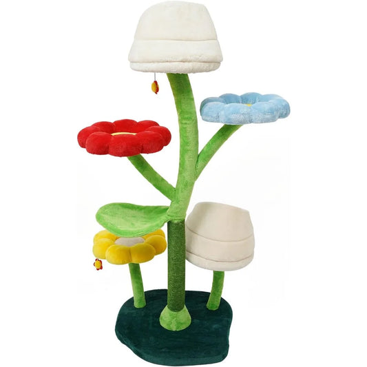 Six-Tier Cat Tower for Climbing and Resting, 63.8 Inch Tall Flower-Themed Cat Tree with Platforms and Scratching Post