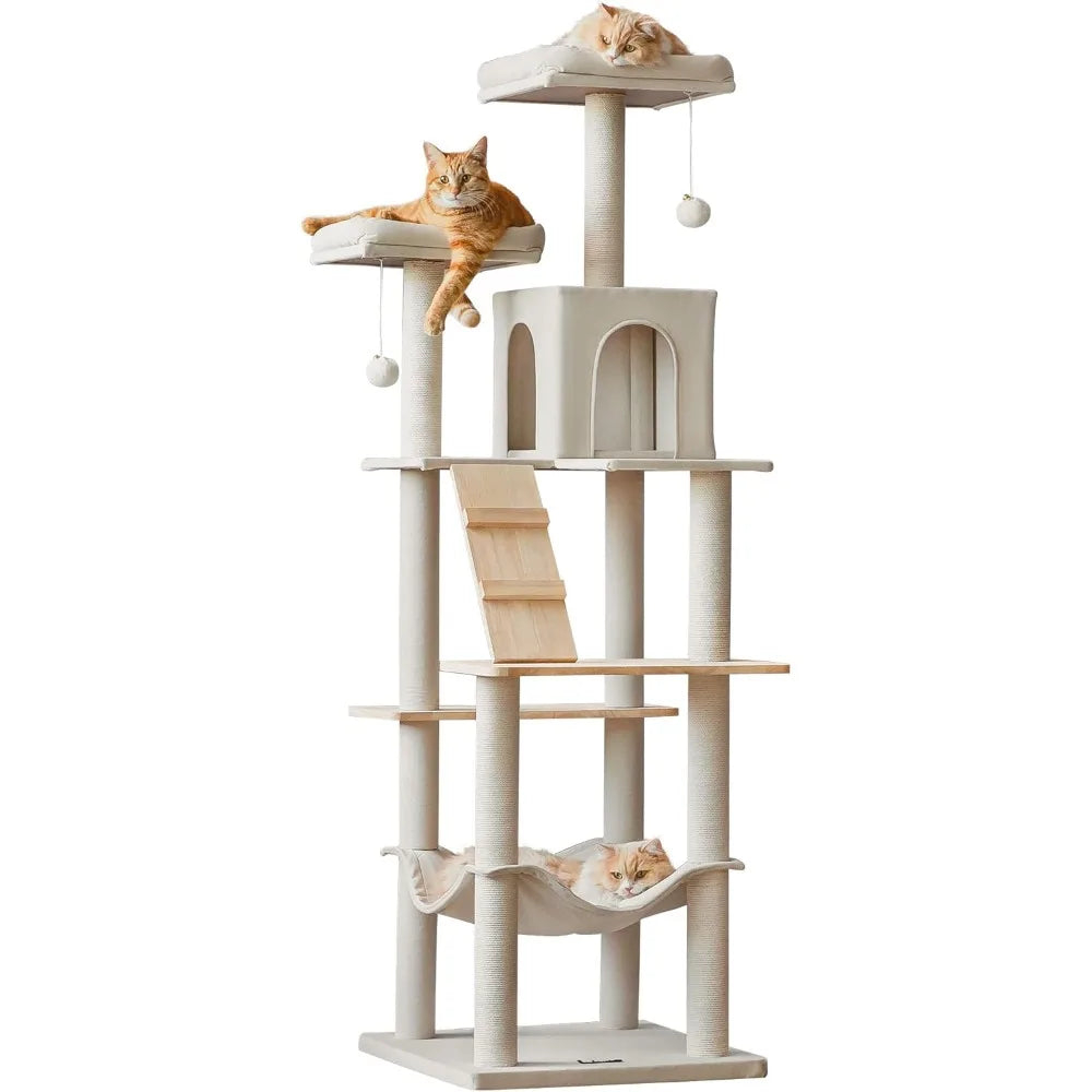 Large Modern Cat Tree, 70.1-Inch Wood Cat Tower for Indoor Cats, Multi-Level Tall Cat Condo with 2 Padded Perches, Hammock