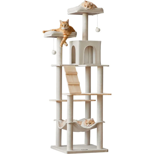 Large Modern Cat Tree, 70.1-Inch Wood Cat Tower for Indoor Cats, Multi-Level Tall Cat Condo with 2 Padded Perches, Hammock
