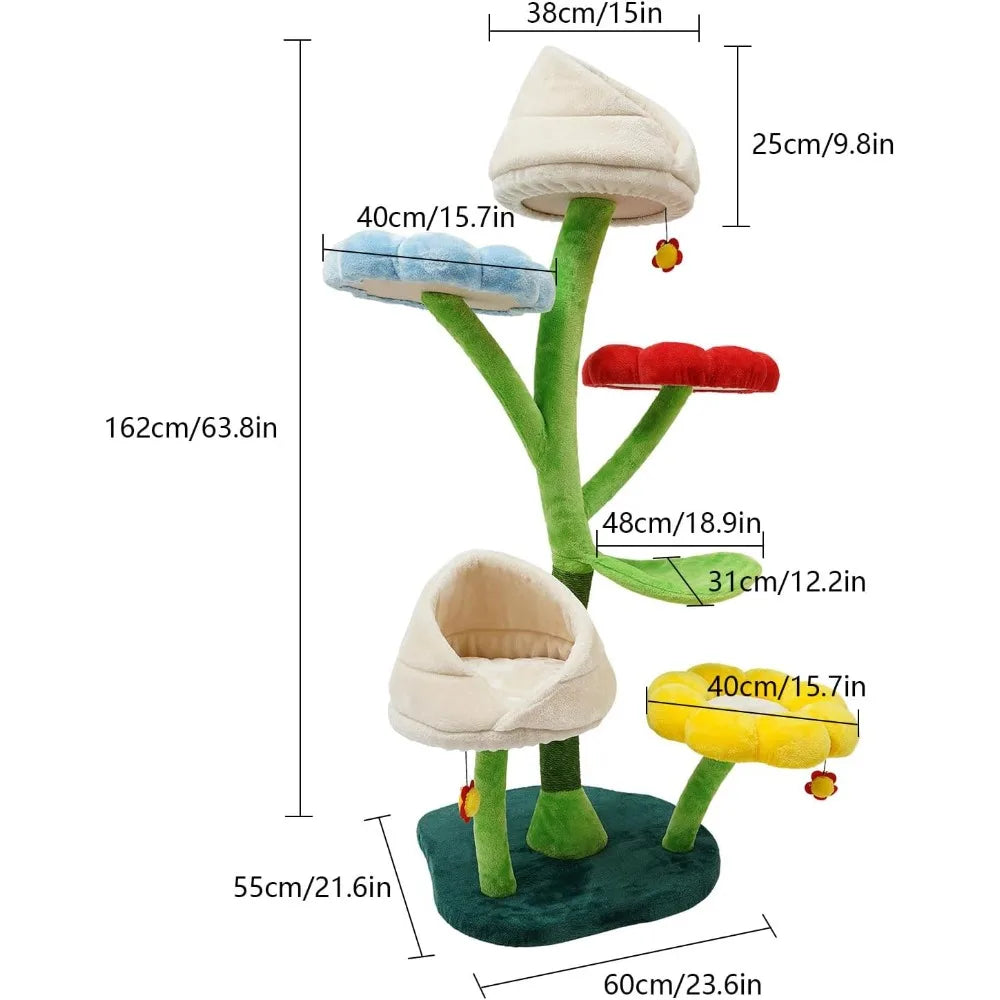 Six-Tier Cat Tower for Climbing and Resting, 63.8 Inch Tall Flower-Themed Cat Tree with Platforms and Scratching Post