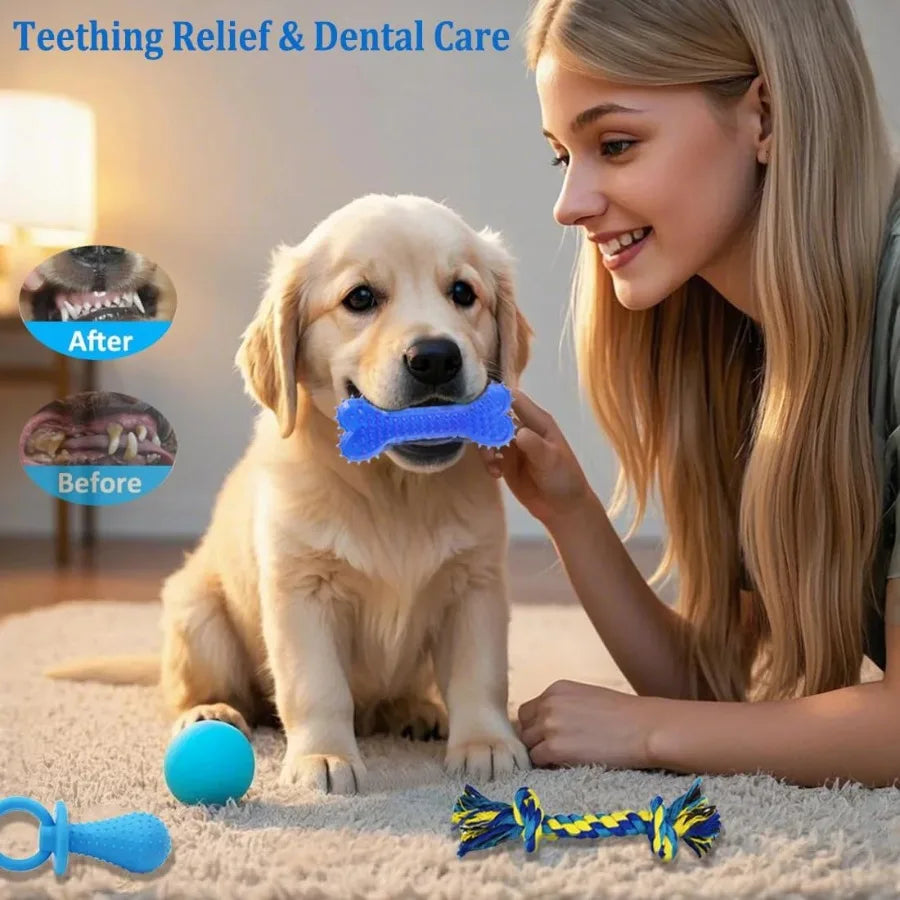 20 Pack Puppy Chew Toys for Small Breeds Blue Dog Teething Rings and Ropes Interactive Blue Rubber Toy Bundle with Durable Chew