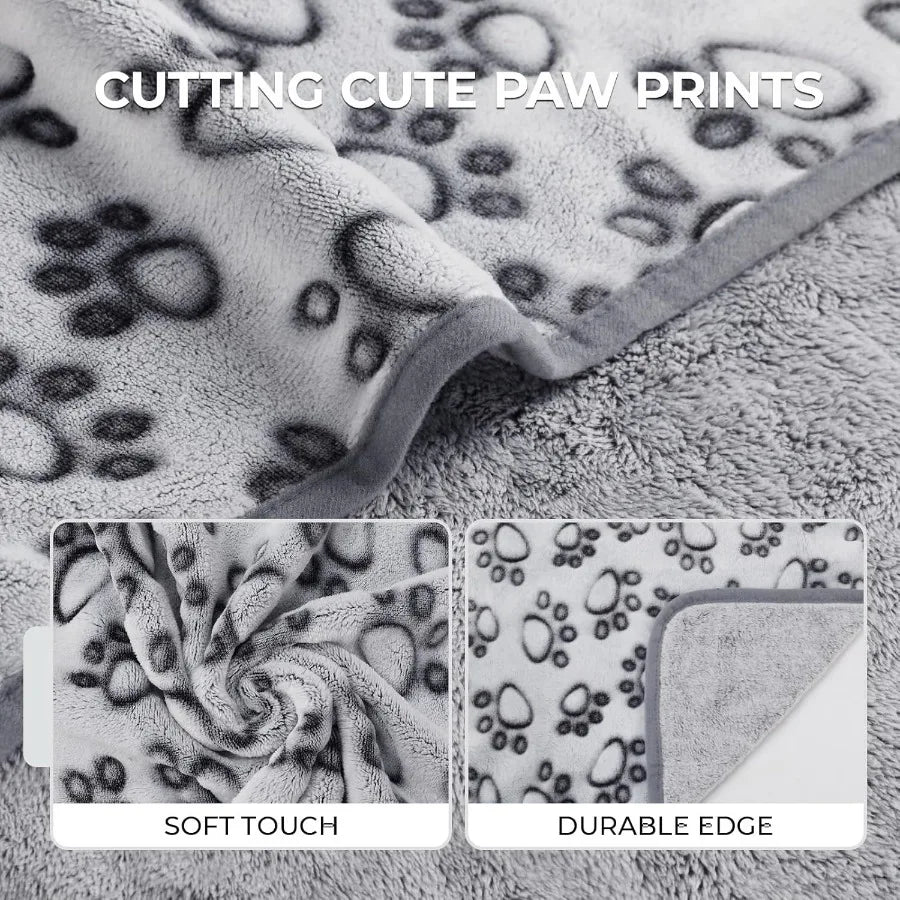 Premium Soft Dog Blanket for Small Medium Large Dogs Washable 300GSM Fluffy Warm Fleece Puppy Cat Paw Print Pet Flannel Grey Pa