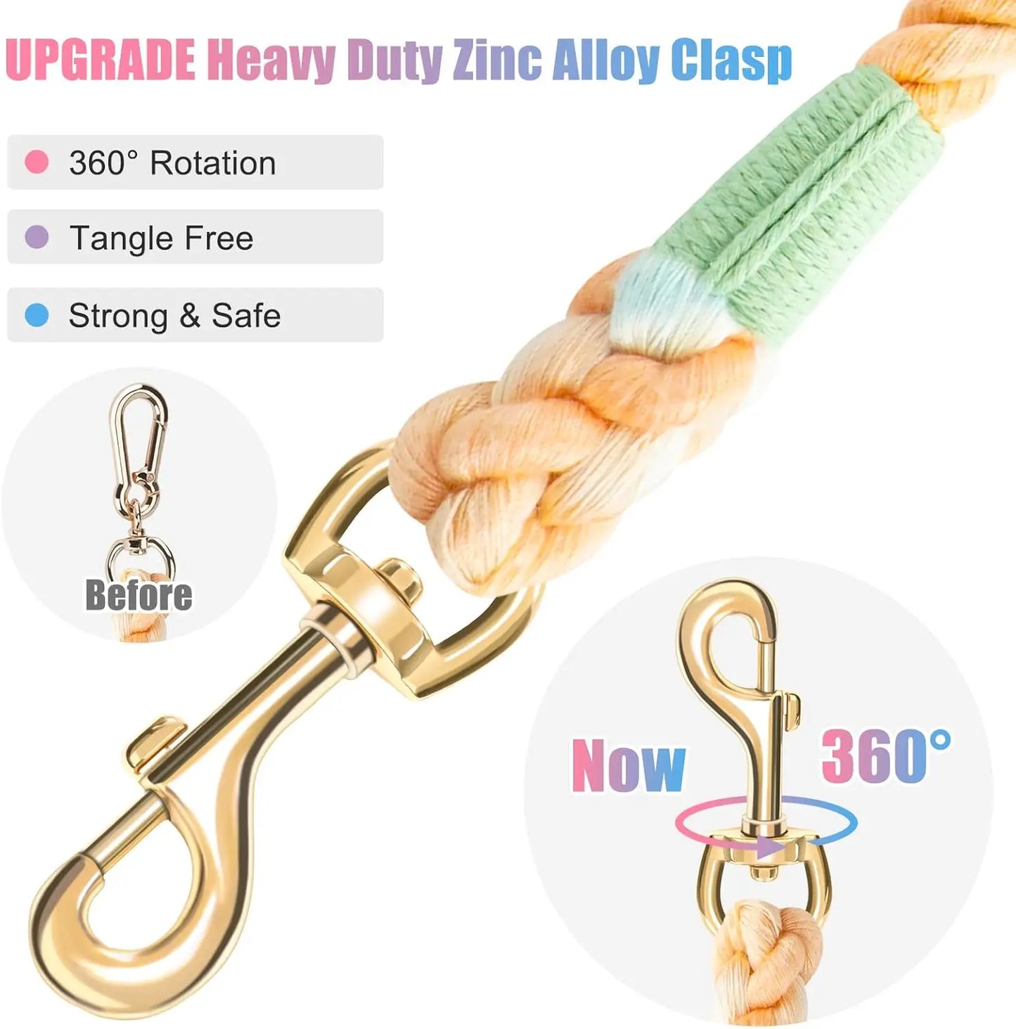 5FT Braided Cotton Dog Leash, Heavy Duty Clasp, Colorful Macaron, All Dog Sizes