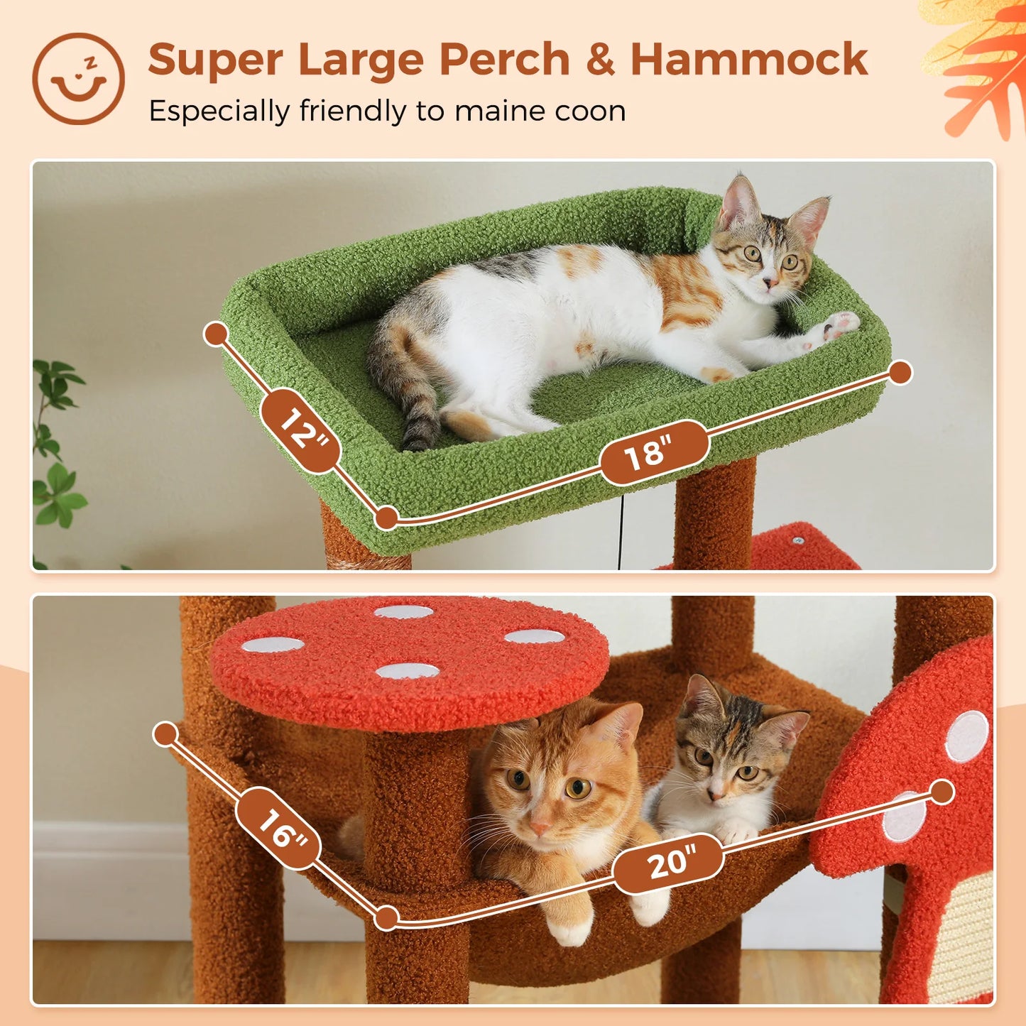 Brown Mushroom-Shaped Design Cat Tower Ceiling Height Cat Tree Tower Adjustable Cat Tree with Super Large Perch&Hammock,Cat Toy
