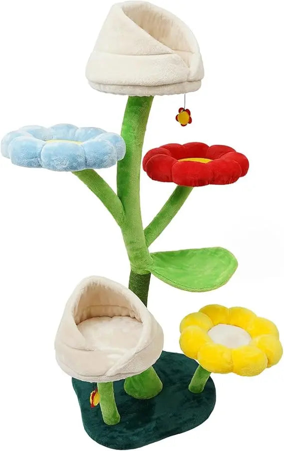 Six-Tier Cat Tower for Climbing and Resting, 63.8 Inch Tall Flower-Themed Cat Tree with Platforms and Scratching Post