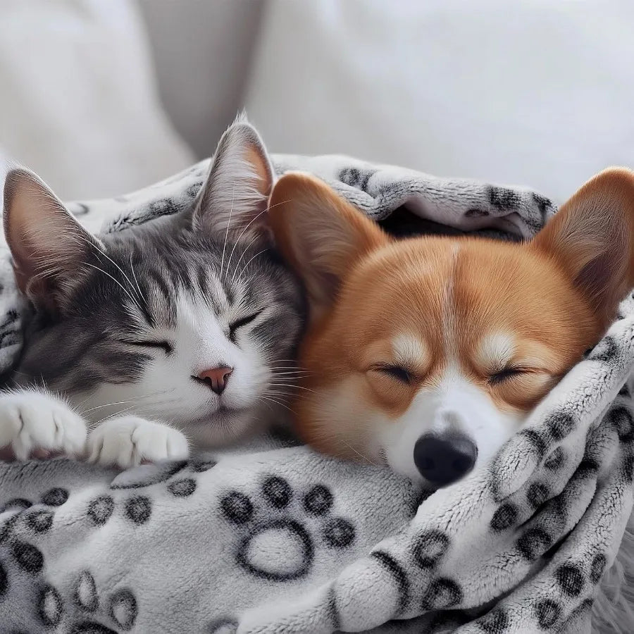 Premium Soft Dog Blanket for Small Medium Large Dogs Washable 300GSM Fluffy Warm Fleece Puppy Cat Paw Print Pet Flannel Grey Pa