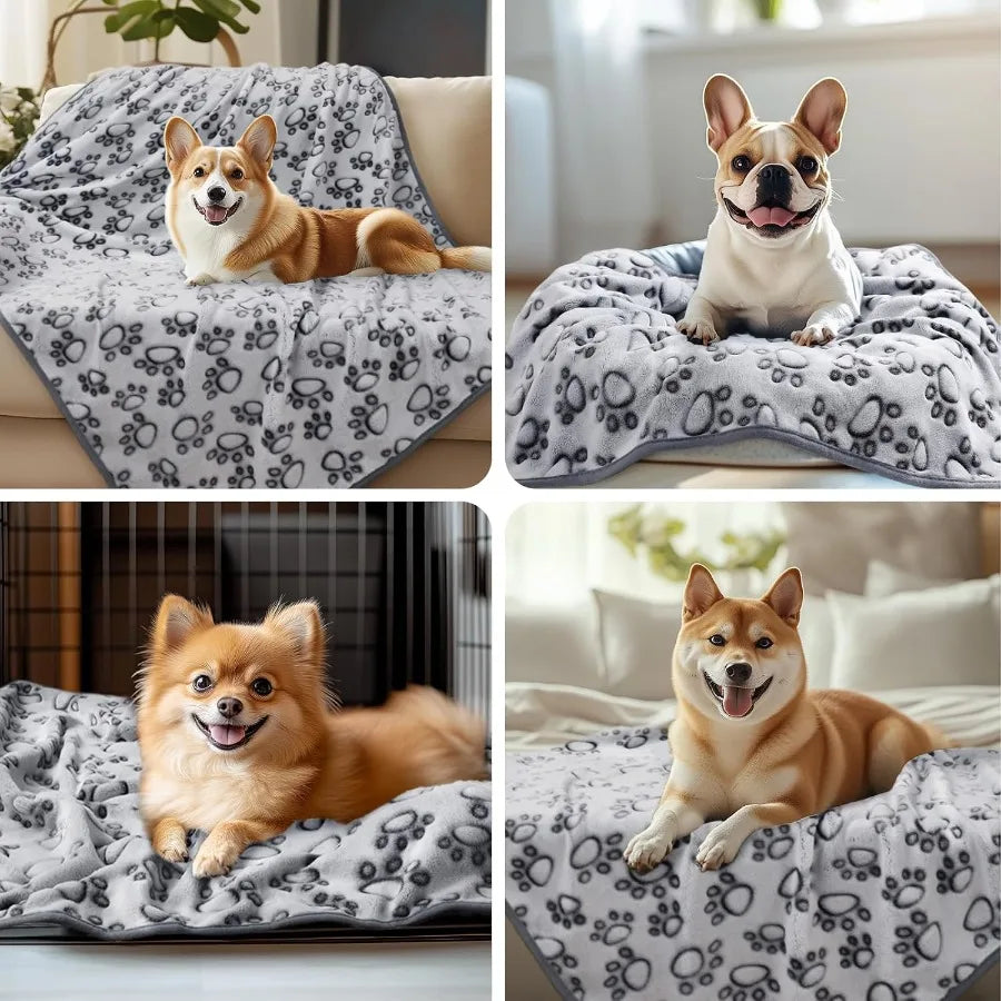 Premium Soft Dog Blanket for Small Medium Large Dogs Washable 300GSM Fluffy Warm Fleece Puppy Cat Paw Print Pet Flannel Grey Pa