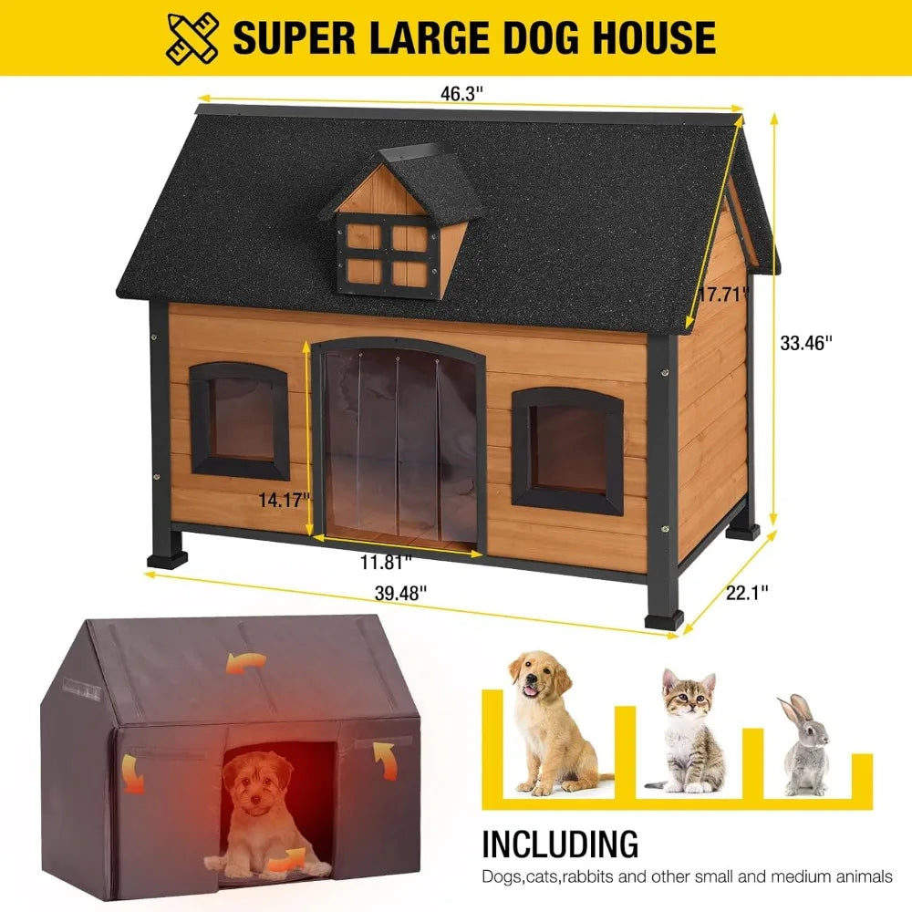 Dog House with Insulated Liner Anti-Chewing Metal Frame Design Insulated Wooden Dog Kennel with Unique Design Roof, Weatherproo