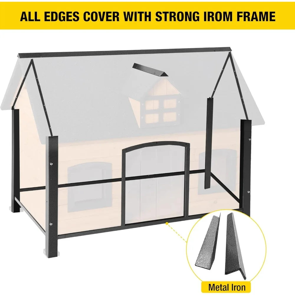 Dog House with Insulated Liner Anti-Chewing Metal Frame Design Insulated Wooden Dog Kennel with Unique Design Roof, Weatherproo
