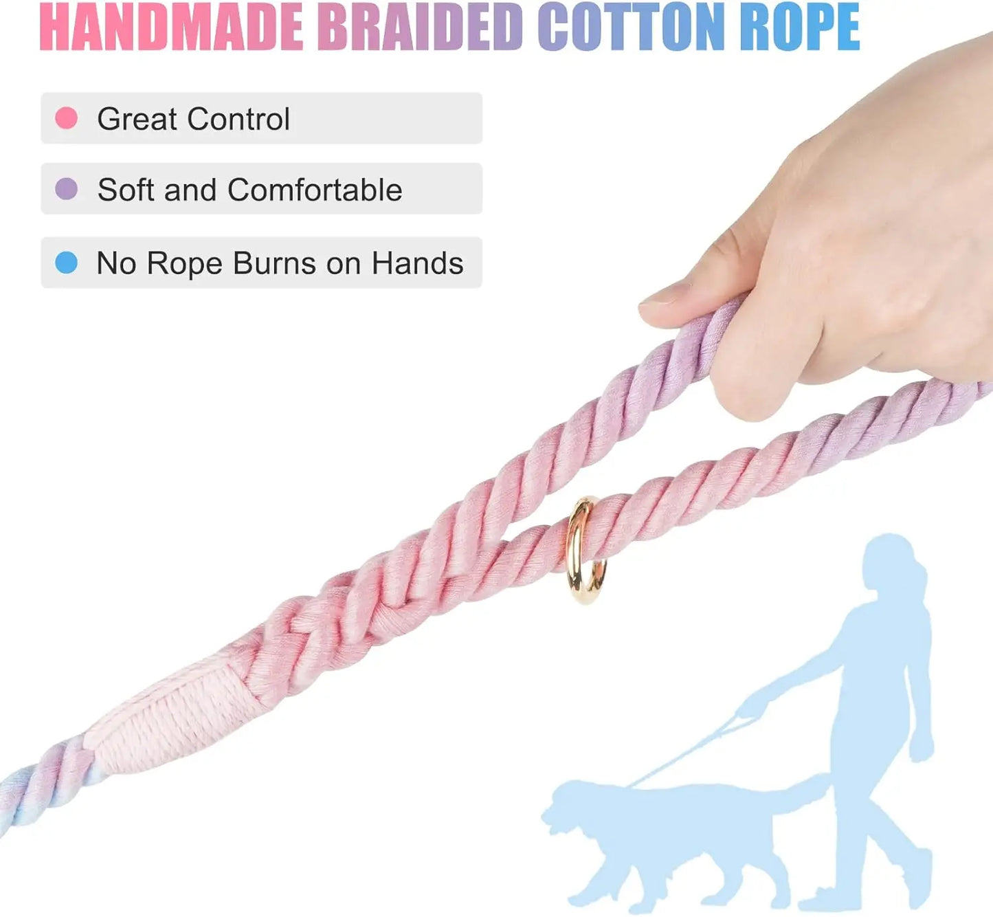 5FT Braided Cotton Dog Leash, Heavy Duty Clasp, Colorful Macaron, All Dog Sizes