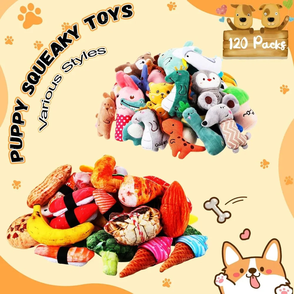 Libima 120 Pack Small Squeaky Dog Toys Bulk for Puppy Small Dogs Pets Cute Plush Stuffed Dog Toys Bundle Soft Pet Toys for Chewi
