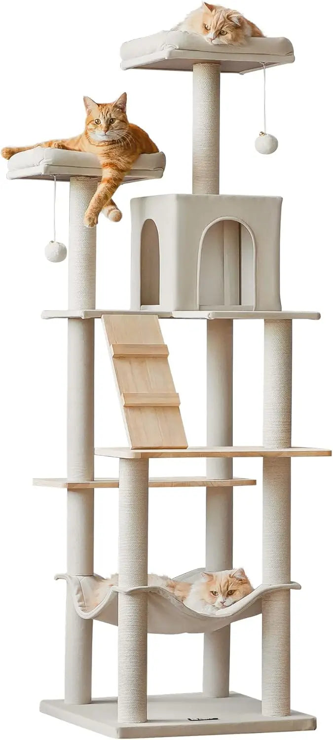 Large Modern Cat Tree, 70.1-Inch Wood Cat Tower for Indoor Cats, Multi-Level Tall Cat Condo with 2 Padded Perches, Hammock