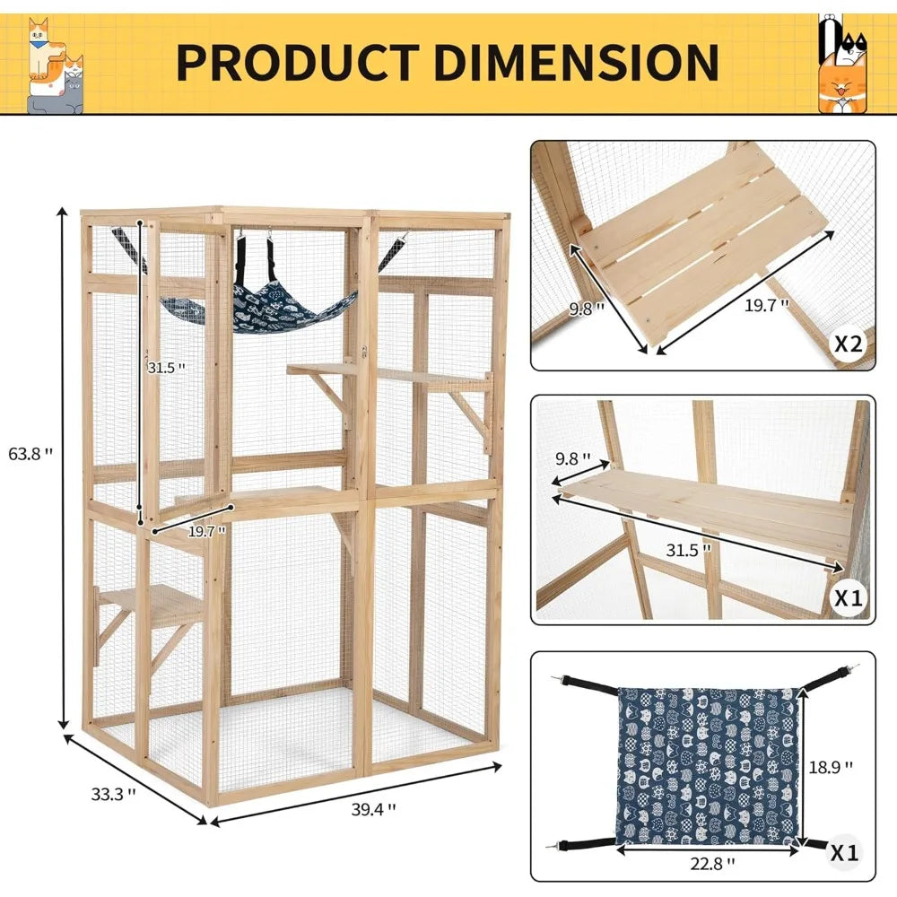 Wooden Outdoor Cat Enclosure with Window Access, Patio Shelter, and Hammock for Indoor Use